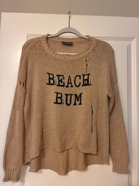 Beach Bum Printed Distressed Crew Cotton Beige Sweater
